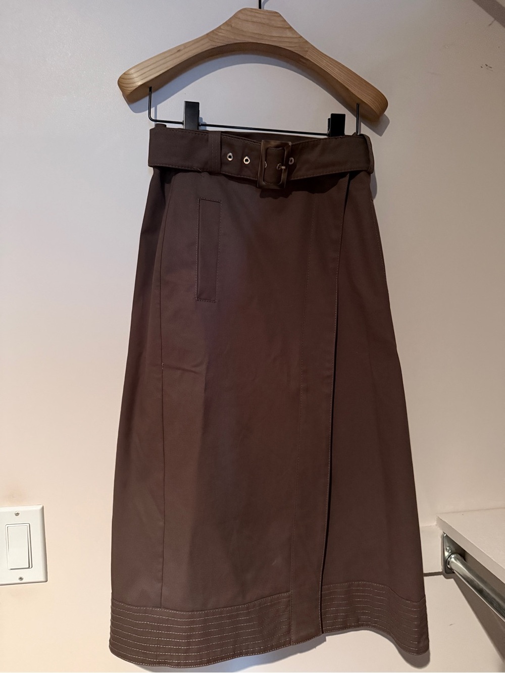 Massimo Dutti Chocolate Brown Midi Belted A-Line Skirt